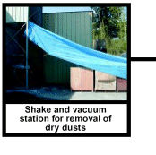 Shake and vacuum station for removal of dry dusts