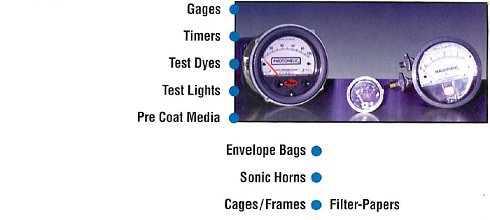 purchase or buy gages, timers, test dyes, test lights, pre-coated media, envelope bags, sonic horns, cages, frames, filter papers